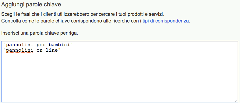 Esempio di inserimento di keywords.